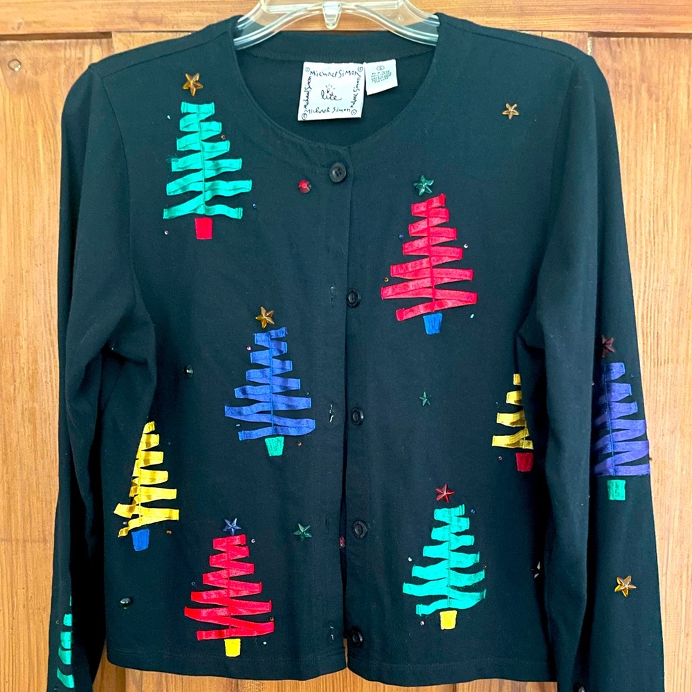 Vintage Michael Simon Black Christmas Trees Cardigan S
